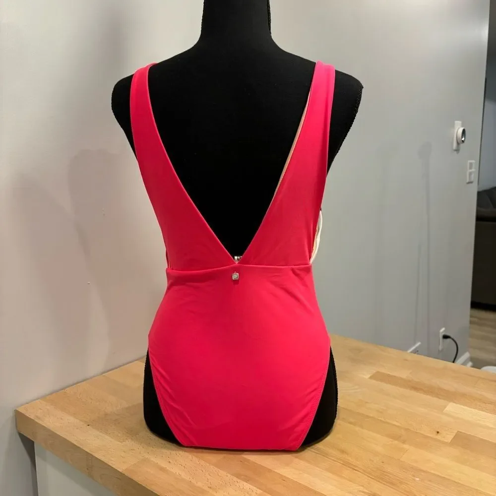 Fabletics Maro Mallet Medium One-Piece Swimsuit Plunge Front/Back Hot Coral